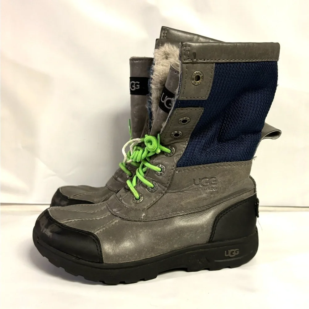 UGG Butte II Grey Gray Leather Short Snow Boots Size 1 Unisex Boys Girls‎